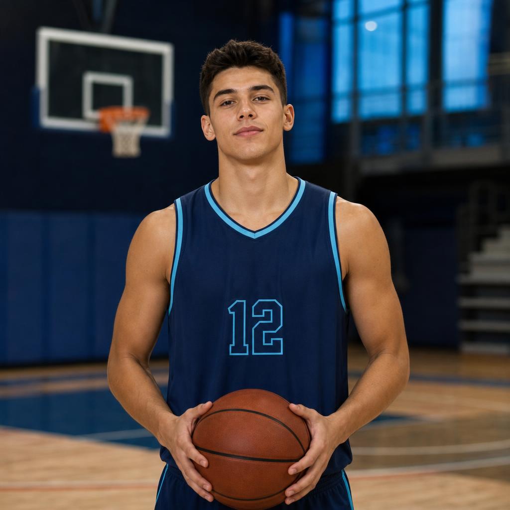 AI-generated photo of a fictional basketball athlete in a navy jersey, not a real player